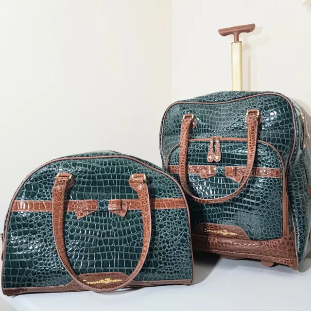 (2) Samantha Brown & Green Croco Embossed Tote Dowel Rolling Carry-on Suitcase