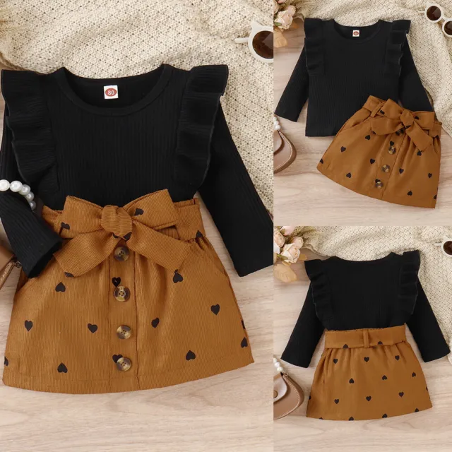 Toddler Kid Girl Outfits Long Sleeve Ruffle Tops Heart Dress Skirt Party Clothes