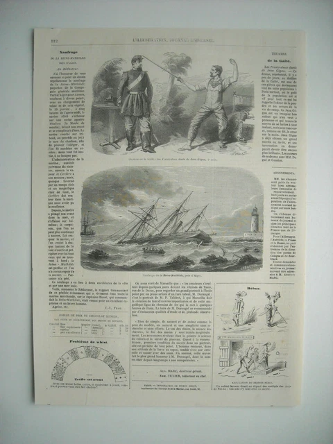 1861 Engraving. Shipwreck Pure-Mathilde, Pres D'algiers. Les 32 Duels De Jean Gigon.