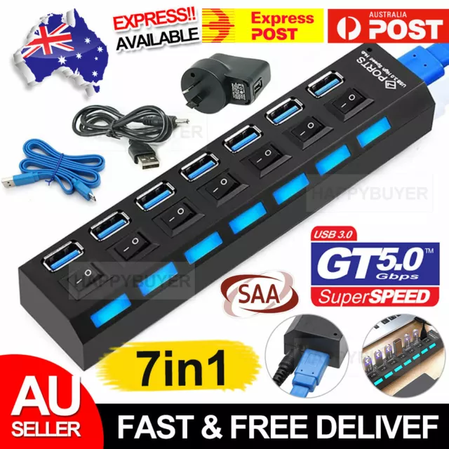 7 Port USB 3.0 HUB Powered +High Speed Splitter Extender PC AC Adapter Cable