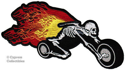Flaming Skeleton Motorcycle Patch - Fire Skull Iron-On Embroidered Chopper Biker