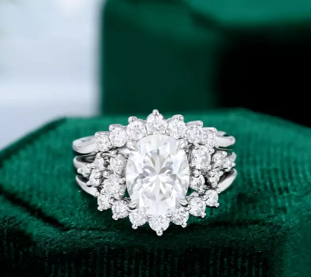 3Ct Taglio Ovale Def Moissanite Set Trio Fidanzamento Anello 14k Bianco Dorato