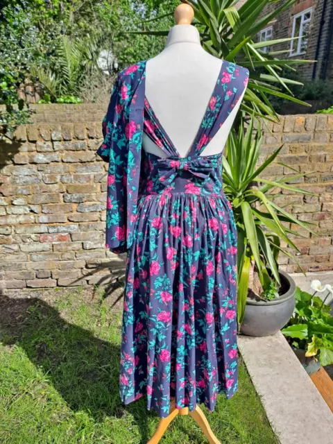 Laura Ashley Vintage Dress Bow Floral 80s Coord Set Jacket Navy Pink Small