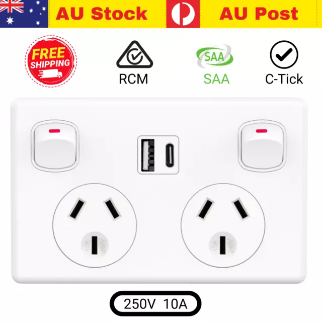 FAST Charge 3.6amp USB & Type-C Double Pole 2 Power Point GPO Wall Outlet Supply