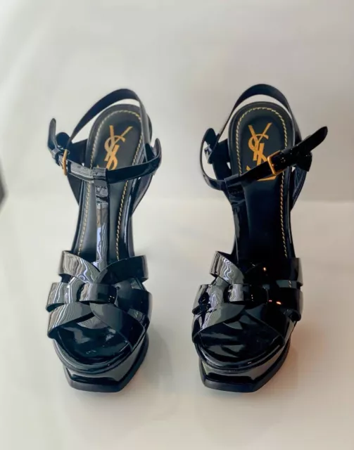 Saint Laurent Black Patent Leather Tribute Ankle Strap Sandals Size 8.5