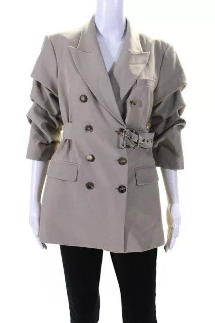 Michael Kors Collection Womens Ruched 3/4 Sleeve Belted Blazer Jacket Beige Sz 8