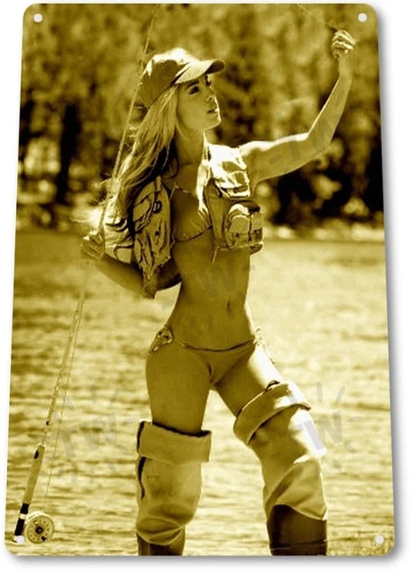 Pinup Girl Sexy Cowgirl Fishing Bait Outdoors Man Cave Wall Decor Metal Tin Sign