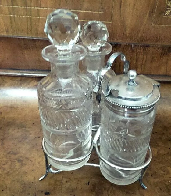 Antique  Three Piece Silverplate Cruet Set On Stand