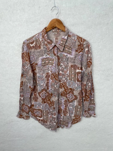 Camicia donna vintage marrone beige design retrò taglia large
