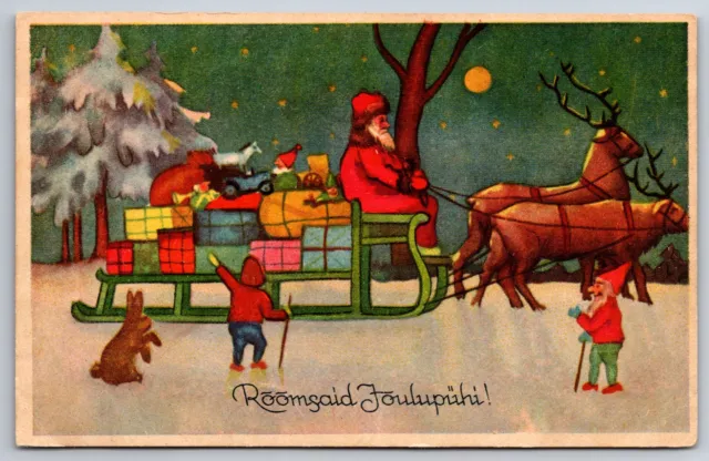 Christmas~Old Style Santa~Reindeer Sleigh in Snow~Gnomes~ART DECO Estonia 1920s