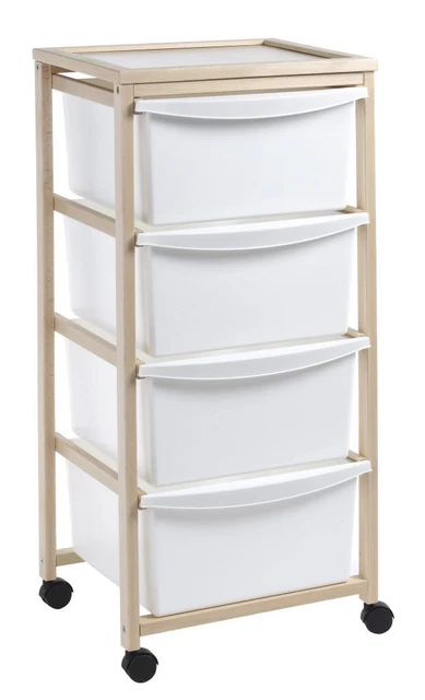Cassettiera Salvasapazio con 4 Cassetti in Legno di Faggio + Ruote 82 x 36 x 34
