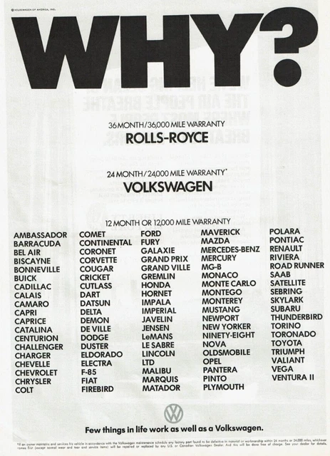 1972 Vintage Print Ad Why? Rolls-Royce Volkswagen VW Warranty 36 24 12 Month