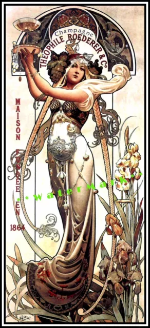 Champagne Theophile 1864 Vintage Poster Print Mucha Style Art Nouveau Lady