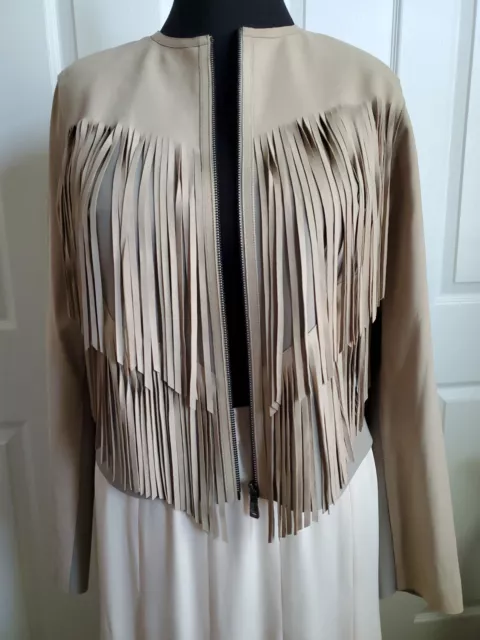 Elie Tahari Paulina Fringe Solid Beige Sand Leather  Jacket Size  X Large