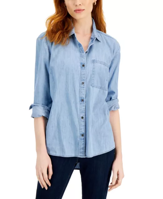 MSRP $50 Style & Co Button-Down Chambray Boyfriend Shirt Blue Size XS