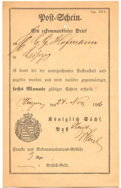 SACHSEN 1866 Postschein der Königlich Sächs. Post für "Ein Rekommandirter Brief"