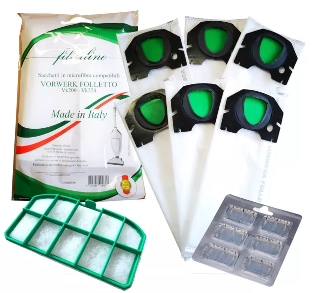 Folletto Vk220 6 Sacchetti +6 Profumini + Filtro Motore Adattabili Made In Italy