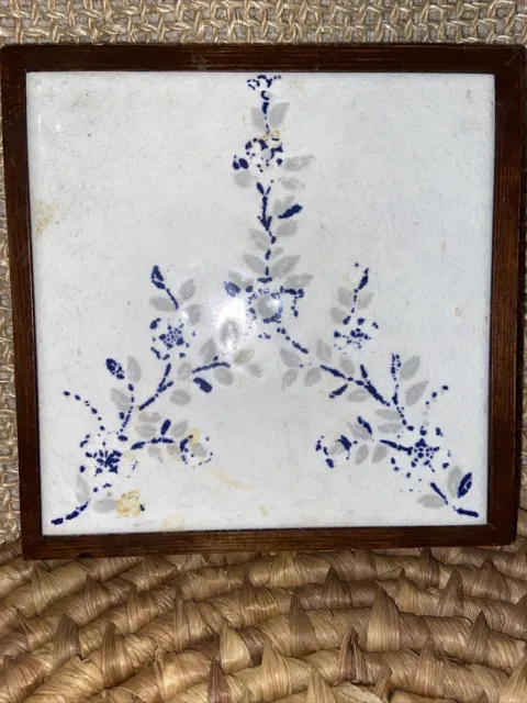 Vintage Blue White  Semigres Hand Painted Terracotta Art Pottery Tile Trivet