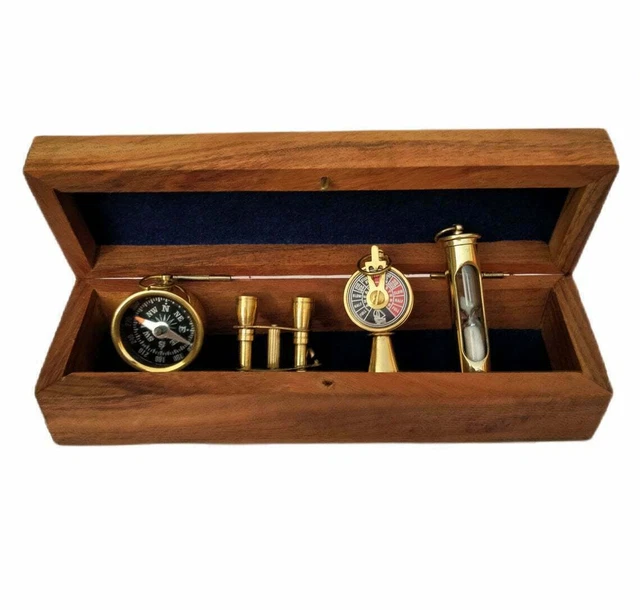 Neu Messing Schlüsselanhänger 4er Set mit Holzkiste nautische...
