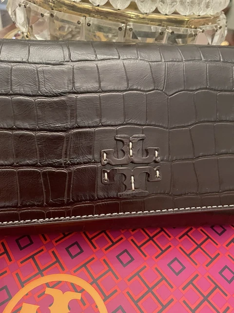Tory Burch McGraw Brown Leather Croc Embossed Crossbody Bag/wallet