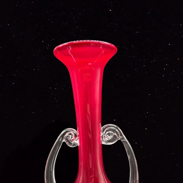 Vintage Murano Tall Red Vase W Handles Art Glass 14”T 3”W Round Clear Swirl 3