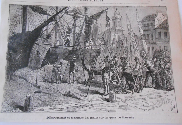 1878 engraving - Marseille grain measurement on docks