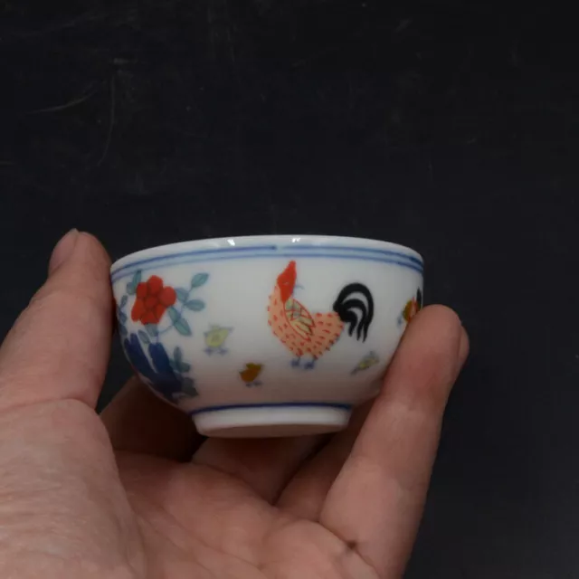 2.3" China Jingdezhen Doucai Contrasting Colors Porcelain Cock Biddy Teacup Cup