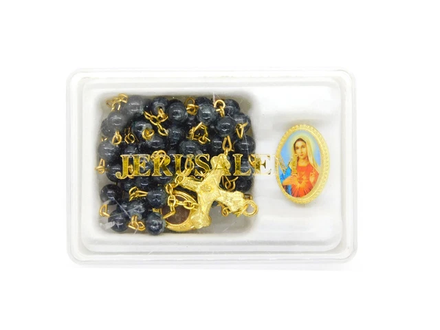 Black Crystal Glass Beads Rosary With Virgin Mary Lapel Pin Holyland Jerusalem