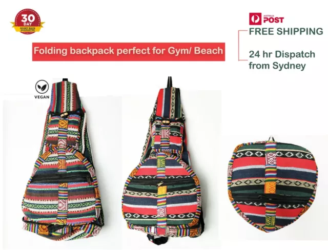 Handmade Gheri Boho Beach/ Gym Bag Backpack Hippie Folding Fair Trade Nepal