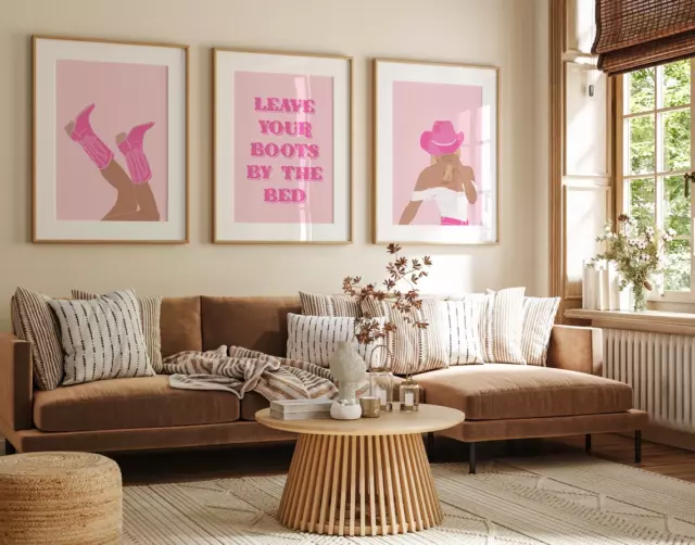 Set of 3 Texas Pink Cowgirl Boots illustration Modern Wall Art Home Decor