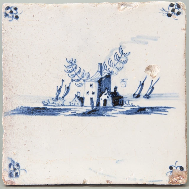 Nice Dutch Delft Blue tile, landscape with houses and boats, late 17th century.