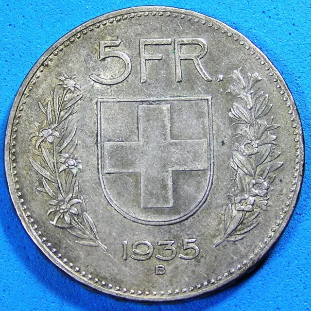 Switzerland 5 Francs .835 Silver Coin, 1935-B William Tell, 15 gr 31.45 mm