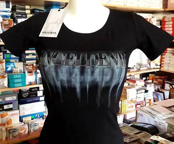 T-shirt maglia donna Angel Devil girocollo con stampa logo e strass art TD401N