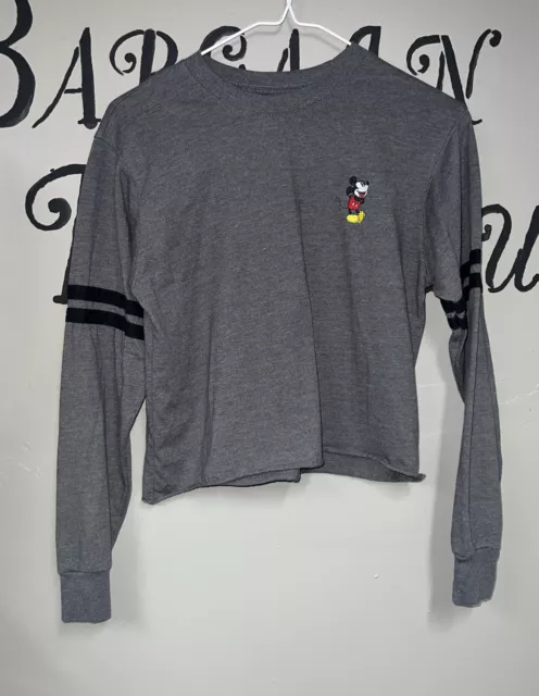 Juniors Cropped Disney Mickey Mouse Long Sleeve Shirt Gray XS