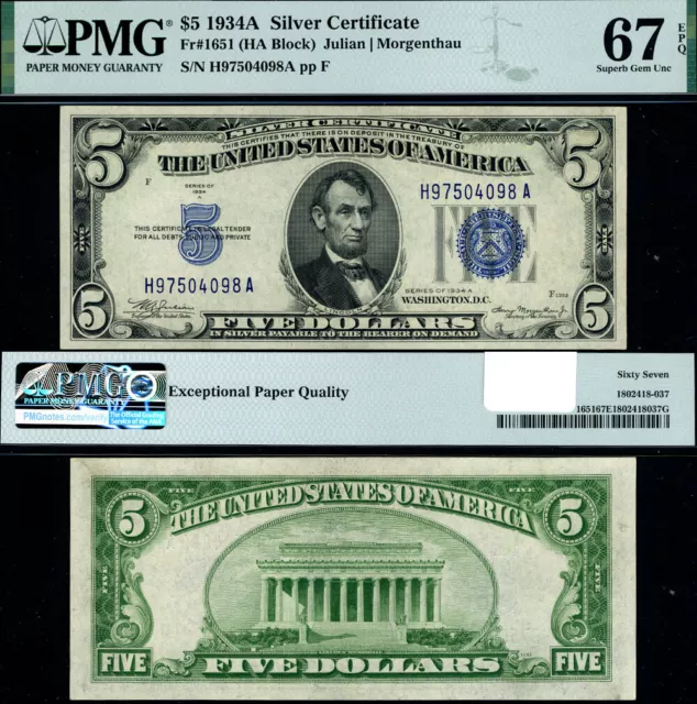 FR. 1651 $5 1934-A Silver Certificate H-A Block Superb PMG CU67 EPQ