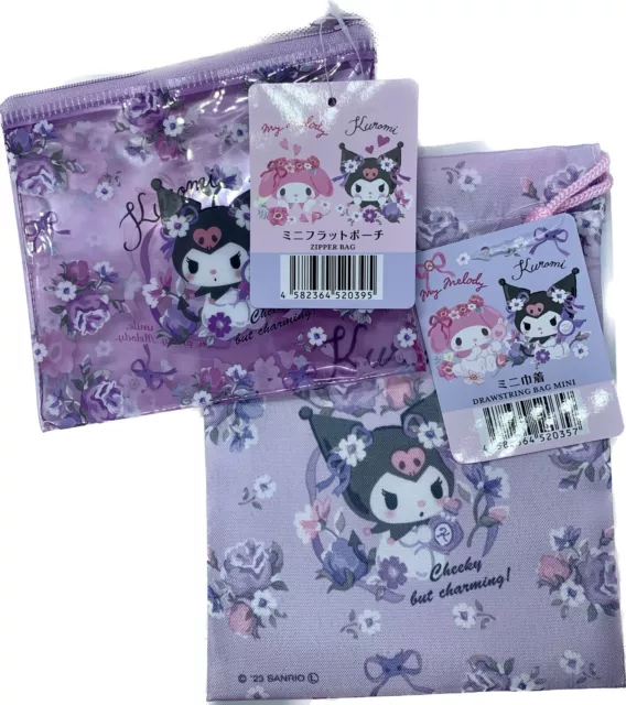 Sanrio My Melody Kuromi Mini Drawstring Bag & Pouch Purple Pink Floral Set