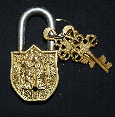 Lord Radha Krishna Design Lock Brass Key Padlock Spiritual Door Safety Lock Item