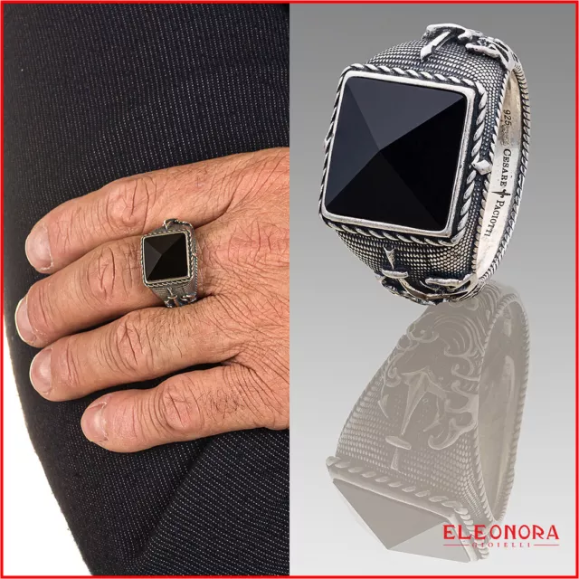 anello da uomo in argento 925 modello chevalier con pietra nera onice vintage