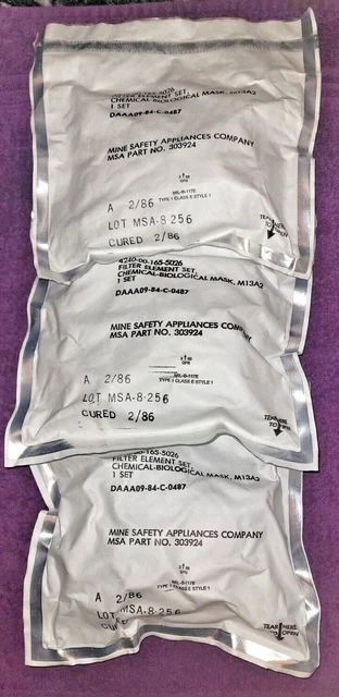 3 GAS MASK FILTER SETS US M17 A1 A2 MSA Mine Safety Appliance NOS 1986 UNISSUED 3 GAS MASK FILTER SETS US M17 A1 A2 MSA Mine Safety Appliance NOS 1986 UNISSUED