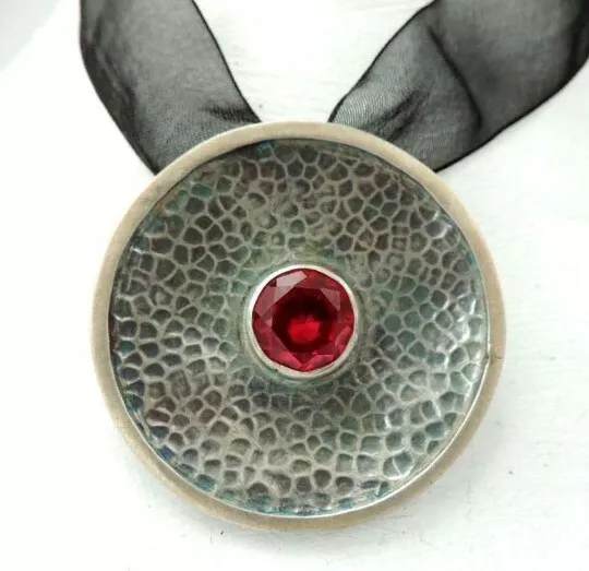 Brooch-Pendant Large Circle Ruby Zirconia.925 Sterling Silver.Handcraft