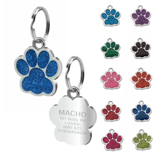 Dog Tag Cat Pet  ID Collar Tags Engraved 27mm Glitter Paw Personalised Any Name