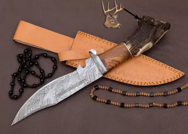 Handmade Damascus Steel Hunting Knife with Stag Horn Handle with Leather Sheath