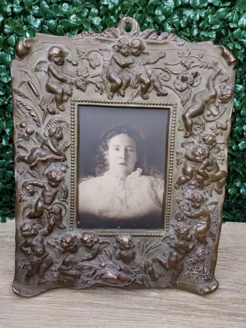 Antique Victorian Bronze Ornate Cast Angel Cherub Metal Easel Back Frame