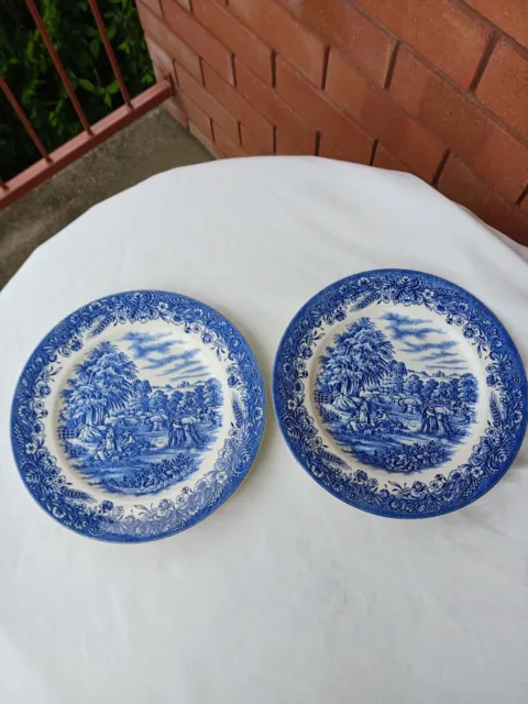 2 Vintage Churchill England Dinner Plates  Blue And White Farm Harvest Scene