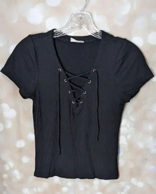 Full Tilt Women's/Junior's Black Ribbed Shirt Short Sleeve V-neck Lace Shirt -S