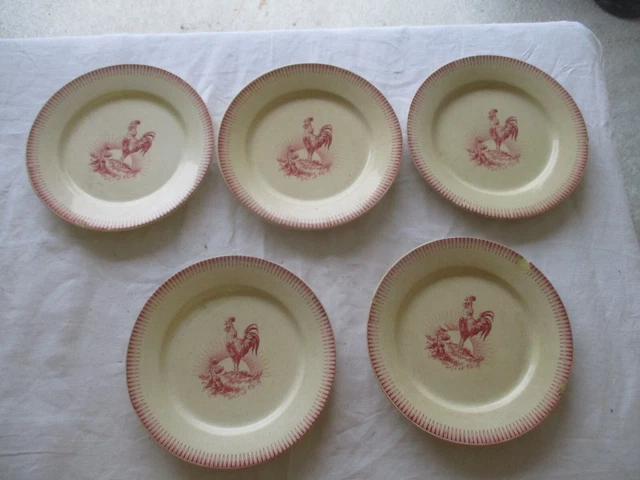 Lot De 7 Assiettes Anciennes Gien Modèle Savoie Décor Fleurs - Faïence - 24,5 Cm - Années 1940