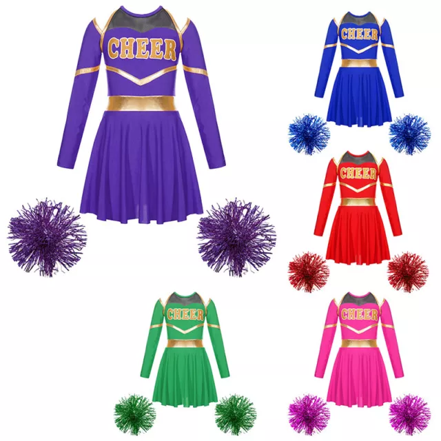 Kids Girls Cheerleader Uniform Keyhole Back Cheerleading Outfits Cold Shoulder