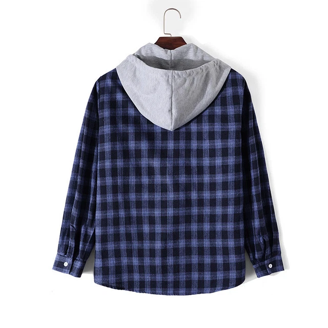 Plaid Pattern Men's Long Sleeve Hooded Shirt With Chest Pocket & Drawstring, Men
