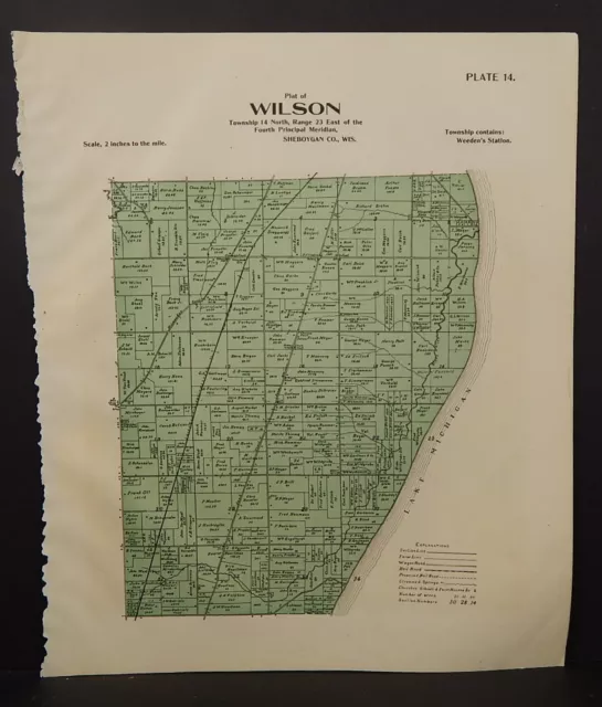 Wisconsin Sheboygan County Map Wilson Township 1902 J22#24