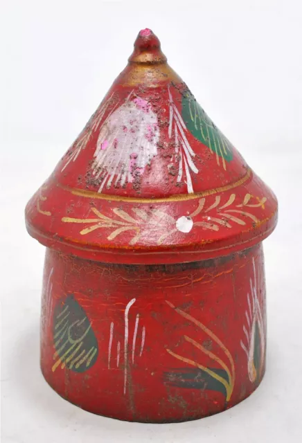 Antique Wooden Kum Powder Tika Box Original Old Hand Carved Lacquered